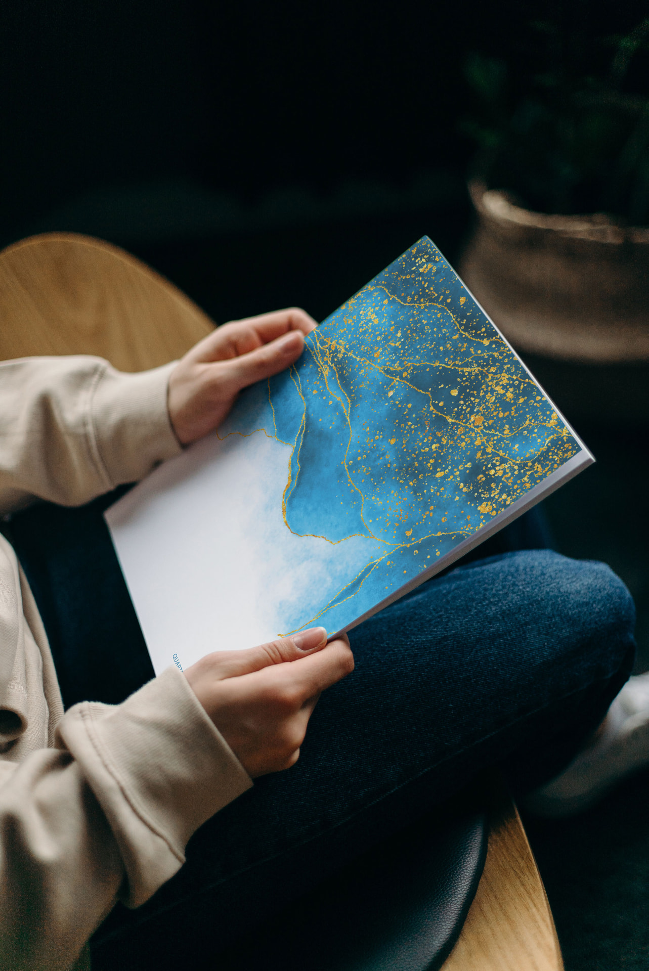 A blue and gold journal being held open