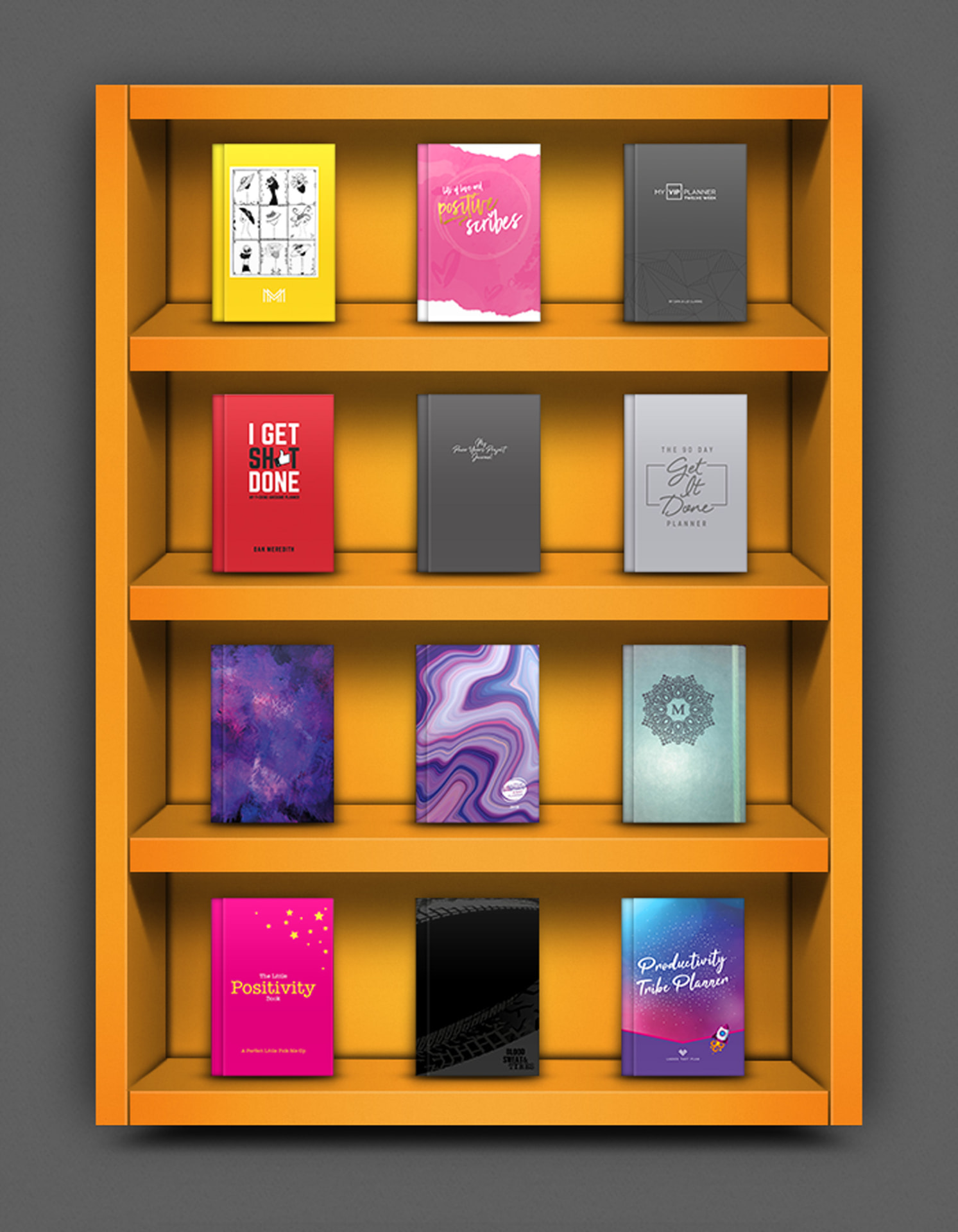 A shelf of planners and journals designed and published by Sophie